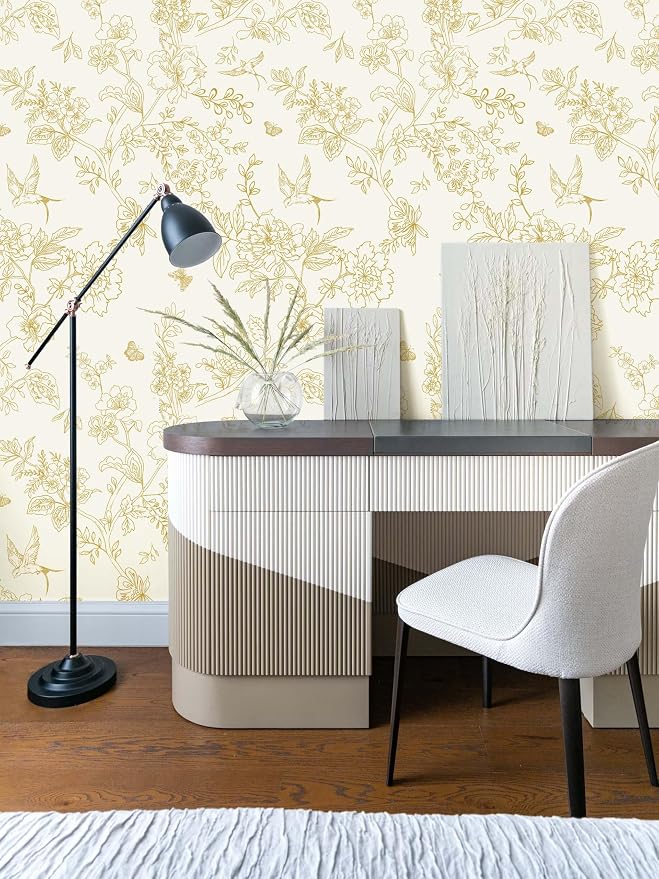 Froluya Cream White and Gold Floral Wallpaper Peel and Stick Wallpaper - Image 3