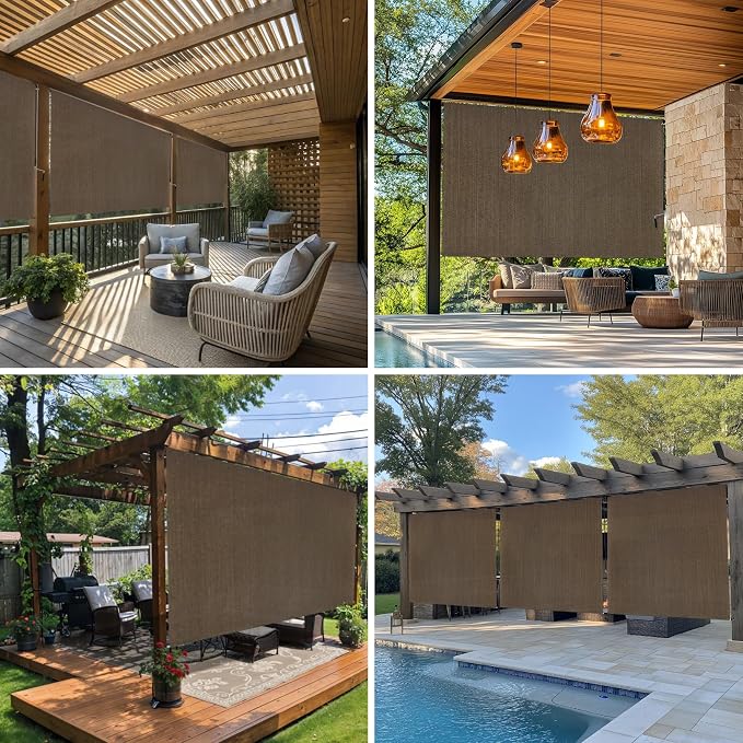 6'W x 6'H Mocha Patio Shades Roll up Outdoor Roller Shade Crank Wand Blind - Image 5