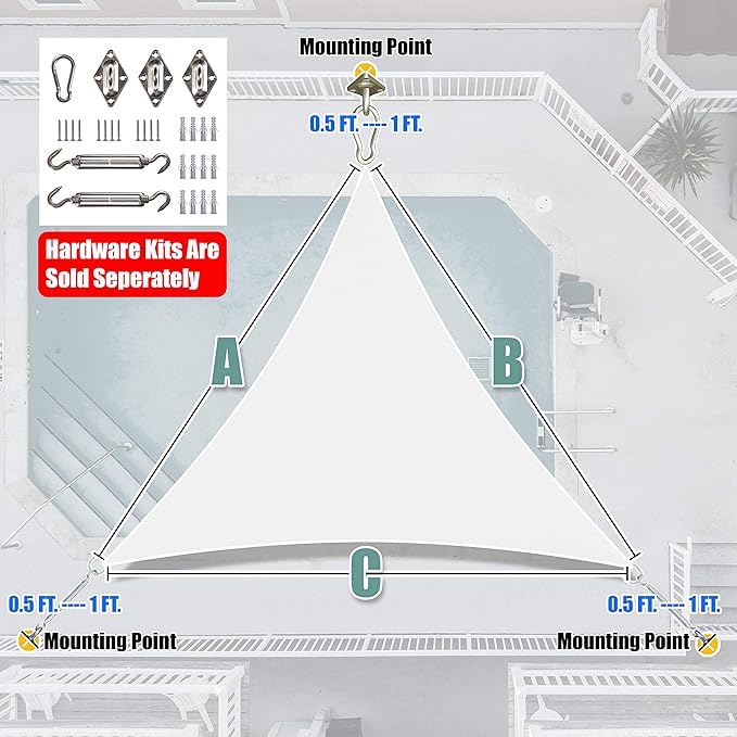 Amgo Custom Size 23' x 23' x 23' White Triangle Sun Shade Sail UPF50+ AGTAPRT12, Order to Make Canopy Awning, 95% UV Blockage, Water & Air Permeable, Commercial Standard (We Customize)