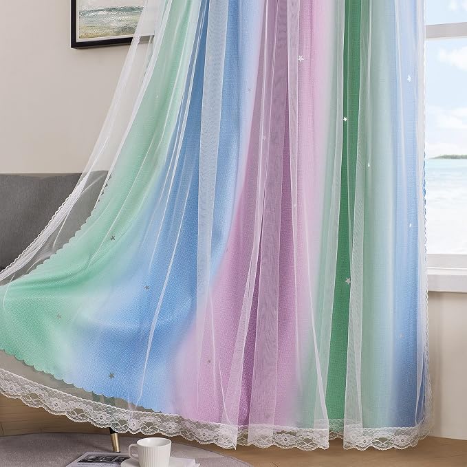 XiDi Curtains for Bedroom Decor, Rainbow Green PurpleBlue52/90/1 - Image 4