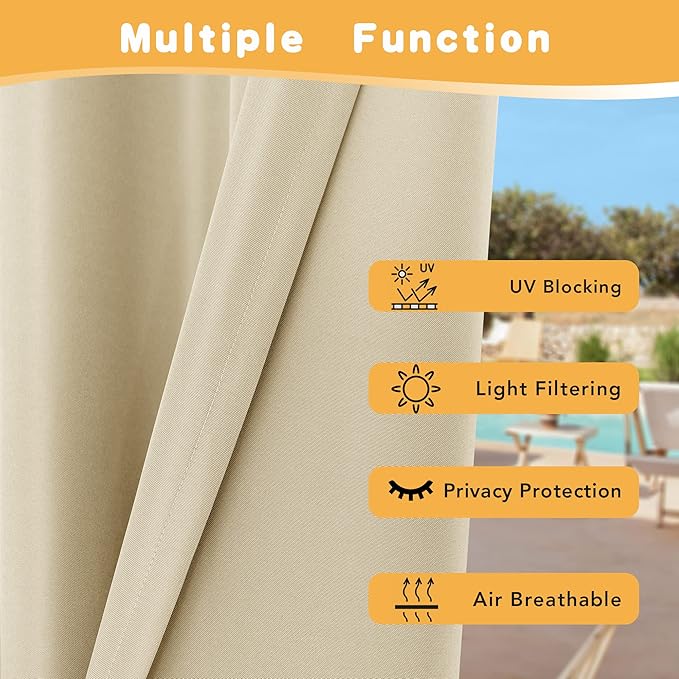 HolidayIdeas Outdoor Curtains for Patio Waterproof, 2 Panels - 84 x 95 Inch - Privacy Protection & Light Filtering Curtains Grommet Outside Curtains for Porch, Gazebo, Pergola, Backyard (Cream)