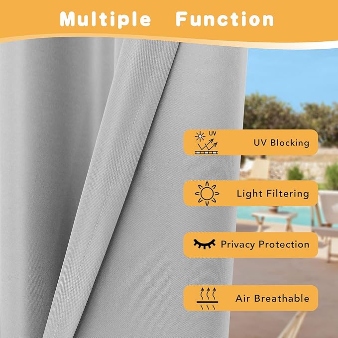 HolidayIdeas Extra Wide Outdoor Curtains for Patio Waterproof, 2 Panels - 110 x 84 Inch - Privacy & Light Filtering Curtains Grommet Outside Curtains for Porch, Gazebo, Pergola, Backyard (Silver)