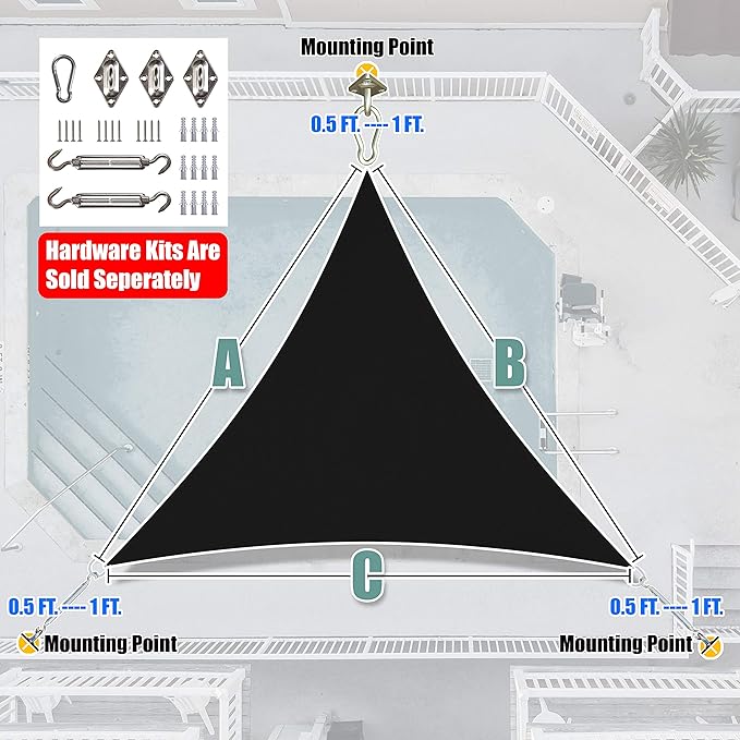 Amgo Custom Size 19' x 19' x 19' Black Triangle Sun Shade Sail UPF50+ AGTAPRT12, Order to Make Canopy Awning, 95% UV Blockage, Water & Air Permeable, Commercial Standard (We Customize)