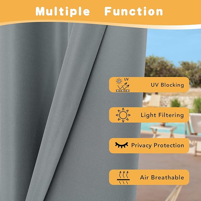 HolidayIdeas Outdoor Curtains for Patio Waterproof, 4 Panels - 54 x 120 Inch - Privacy Protection & Light Filtering Curtains Grey Grommet Outside Curtains for Porch, Gazebo, Pergola, Backyard