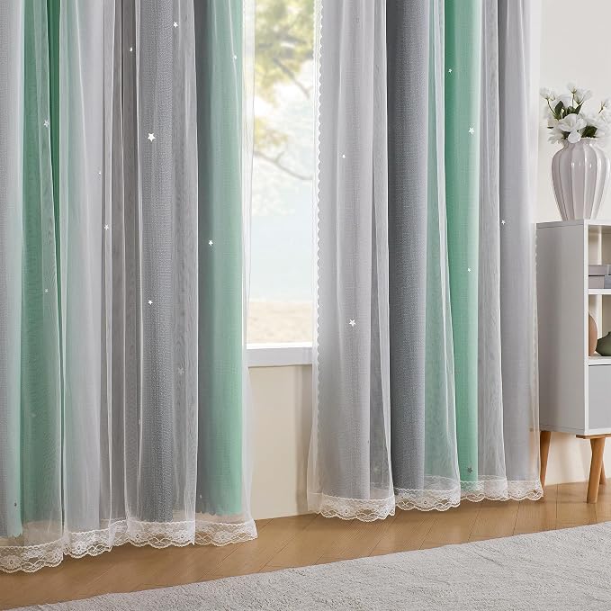 XiDi Curtains for Bedroom Decor, Rainbow Green LightgreyGrey52/45/1 - Image 3