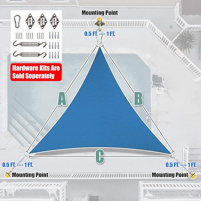 Amgo 10' x 10' x10' Blue Triangle Sun Shade Sail Outdoor Canopy Awning UPF50+ AGTAPRT12, 95% UV Blockage, Water & Air Permeable, Commercial Standard Heavy Duty (We Make Custom Size)