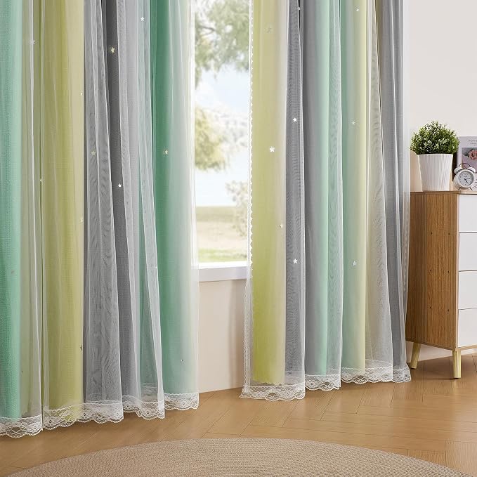 XiDi Curtains for Bedroom Decor, Rainbow GreenYellowGrey34/45/1 - Image 3