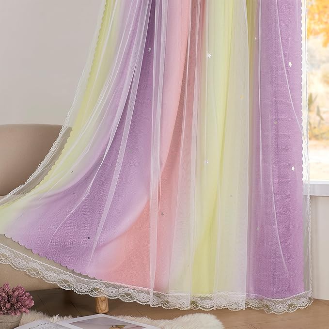 XiDi Curtains for Bedroom Decor, Rainbow Pink PurpleYellow34/96/1 - Image 5