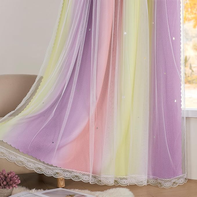 XiDi Curtains for Bedroom Decor, Rainbow Pink PurpleYellow34/45/1 - Image 5
