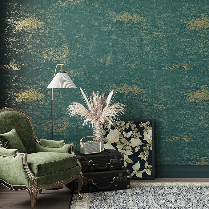 VEELIKE Vintage Teal Gold Peel and Stick Wallpaper Metallic Distressed Green - Image 3