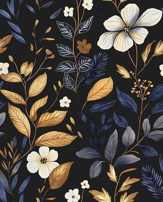 Laatse Blue/Gold Leaf Wallpaper Peel and Stick Vintage Dark Floral Wallpaper by Laatse