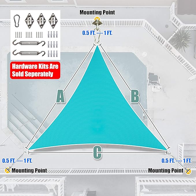 Amgo Custom Size 16' x 16' x 16' Turquoise Triangle Sun Shade Sail UPF50+ AGTAPRT12, Order to Make Canopy Awning, 95% UV Blockage, Water & Air Permeable, Commercial Standard (We Customize)