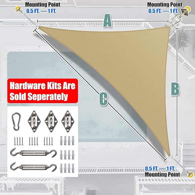 Amgo Custom Size 18' x 19' x 26.2' Sand Beige Right Triangle Sun Shade Sail UPF50+ AGTAPRT12, Order to Make Canopy Awning, 95% UV Blockage, Water & Air Permeable, Commercial Standard (We Customize)