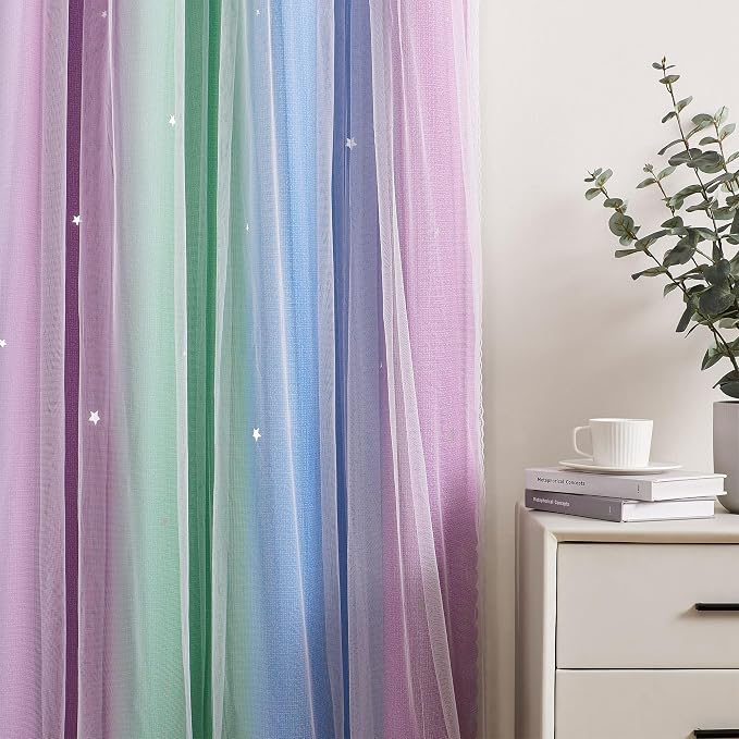 XiDi Curtains for Bedroom Decor, Rainbow Green PurpleBlue52/96/1 - Image 3