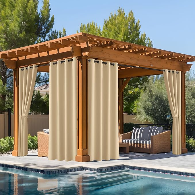 NICETOWN Fade Resistant Outdoor Curtains 2 Panels, Patio Waterproof Drapery Color Fastness Grade 4 Certification, UV Protection Blackout Shades for Porch, Deck, Pergolas, Biscotti Beige, W52 x L108