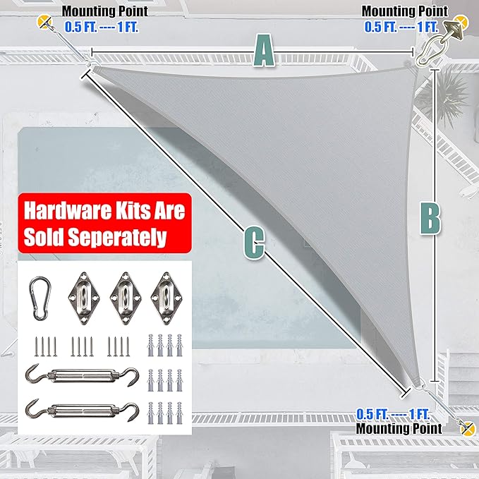 Amgo Custom Size 8' x 8' x 11.3' Gray Right Triangle Sun Shade Sail UPF50+ AGTAPRT12, Order to Make Canopy Awning, 95% UV Blockage, Water & Air Permeable, Commercial Standard (We Customize)