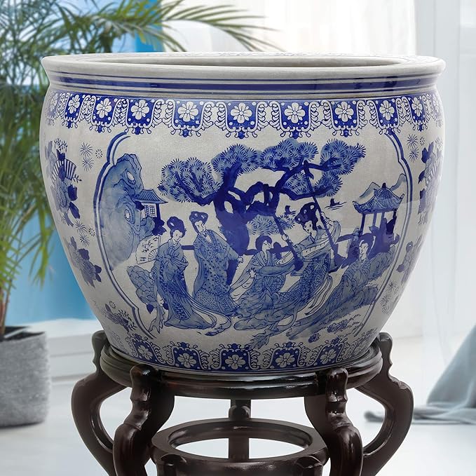 Red Lantern Oriental Furniture 16" Ladies Blue & White Porcelain Fishbowl, Large