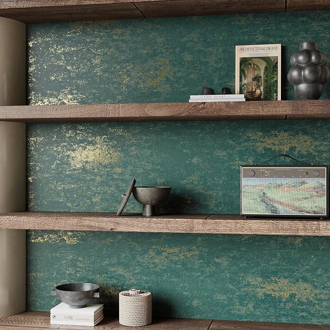 VEELIKE Distressed Teal Gold Metallic Wallpaper Peel and Stick Plaster Concrete - Image 5