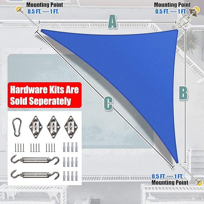Amgo Custom Size 8' x 9' x 12' Blue Right Triangle Sun Shade Sail UPF50+ AGTAPRT12, Order to Make Canopy Awning, 95% UV Blockage, Water & Air Permeable, Commercial Standard (We Customize)