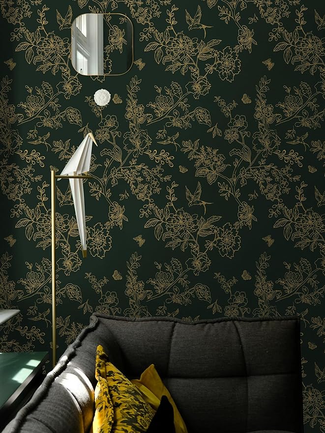 Froluya Dark Green and Gold Wallpaper Floral Peel and Stick Wallpaper - Image 3