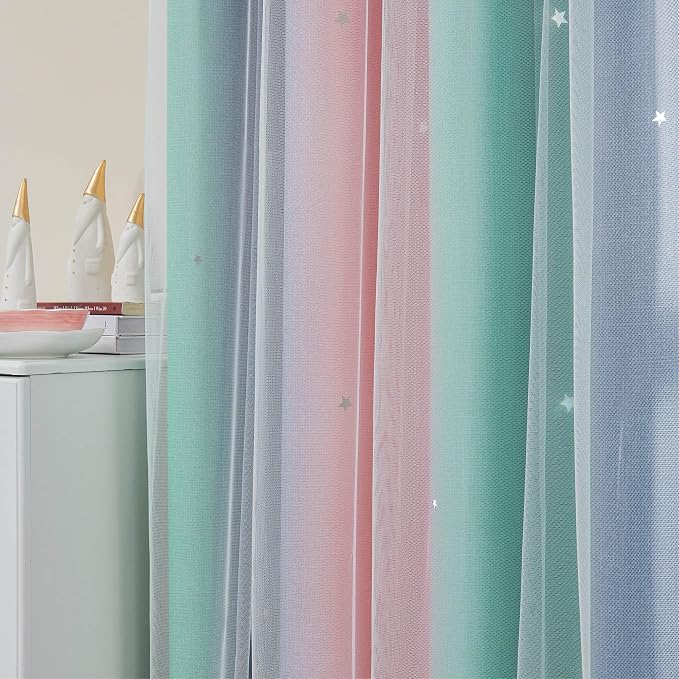 XiDi Curtains for Bedroom Decor, Rainbow Pinkgreen grey52/96 - Image 3