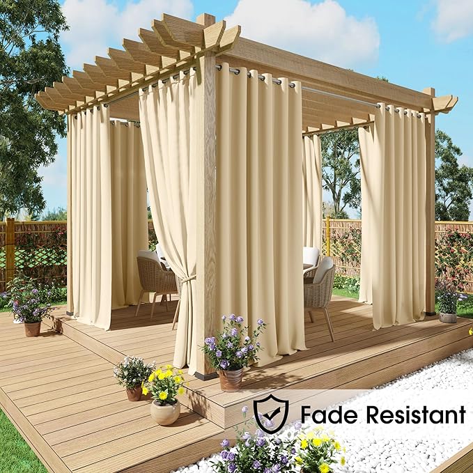 NICETOWN Fade Resistant Outdoor Curtains 2 Panels, Patio Waterproof Drapery Color Fastness Grade 4 Certification, UV Protection Blackout Shades for Porch, Deck, Pergolas, Biscotti Beige, W52 x L108