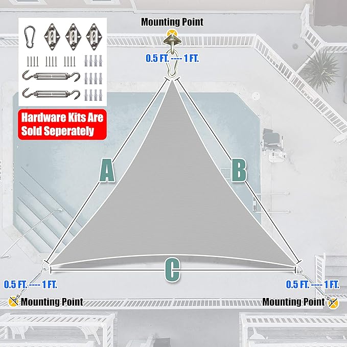 Amgo Custom Size 15' x 15' x 15' Gray Triangle Sun Shade Sail UPF50+ AGTAPRT12, Order to Make Canopy Awning, 95% UV Blockage, Water & Air Permeable, Commercial Standard (We Customize)