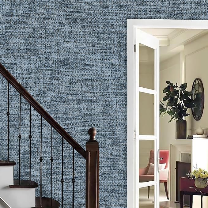 Blue Gray Grasscloth Peel and Stick Wallpaper 17.3"x300" Faux Linen Textured - Image 6