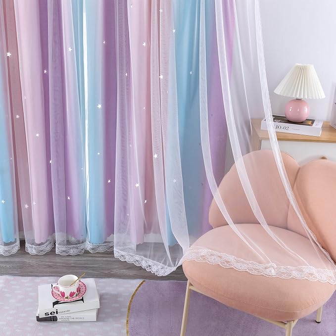 XiDi Curtains for Bedroom Decor, Rainbow Pink Purple/52/54 - Image 7