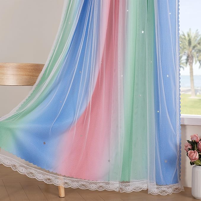 XiDi Curtains for Bedroom Decor, Rainbow Pink GreenBlue52/90/1 - Image 5