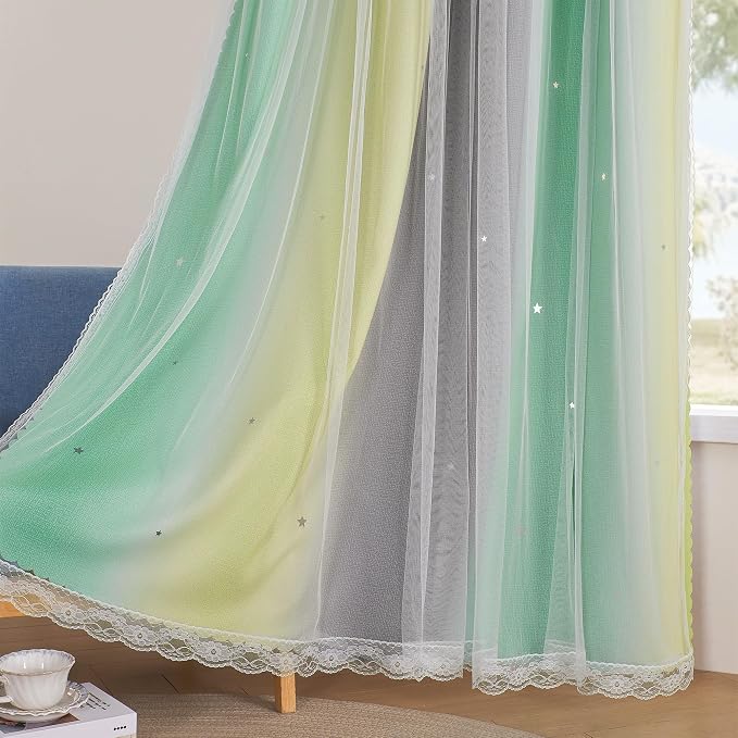 XiDi Curtains for Bedroom Decor, Rainbow GreenYellowGrey52/54/1 by Addsomecolortolife