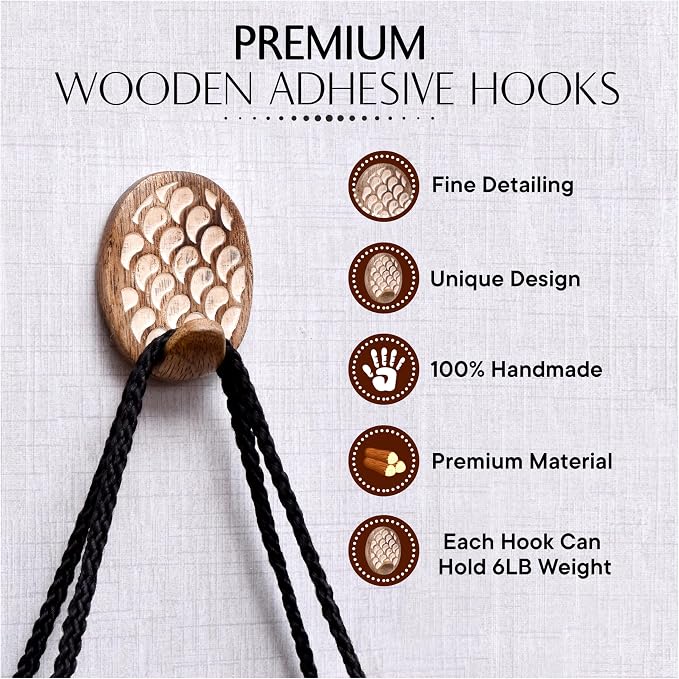 IndianShelf 6 Lb- 24 Pieces Decorative Wood Adhesive Wall Hooks–Boho Peel and - Image 6