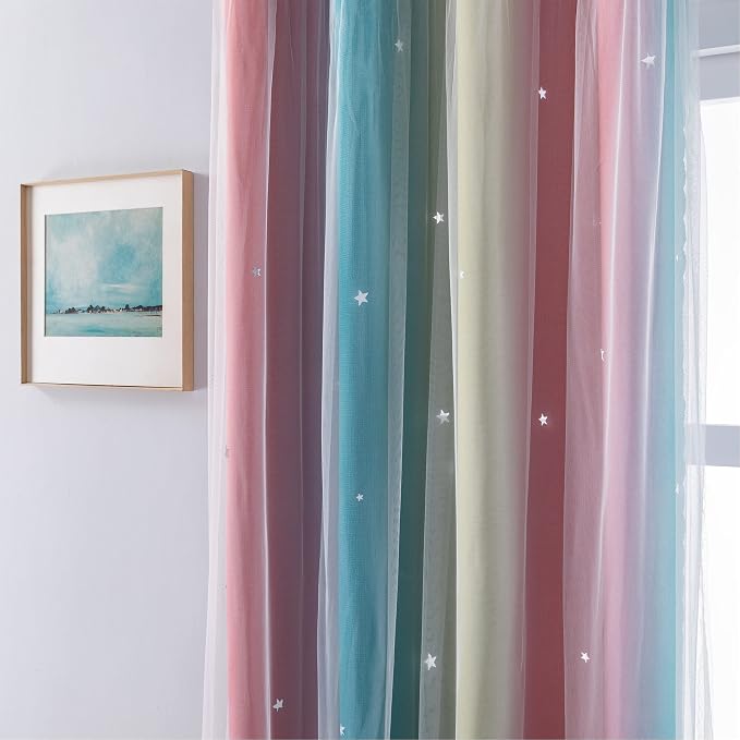 XiDi Curtains for Bedroom Decor, Rainbow Pink-Blue-52-45 - Image 2