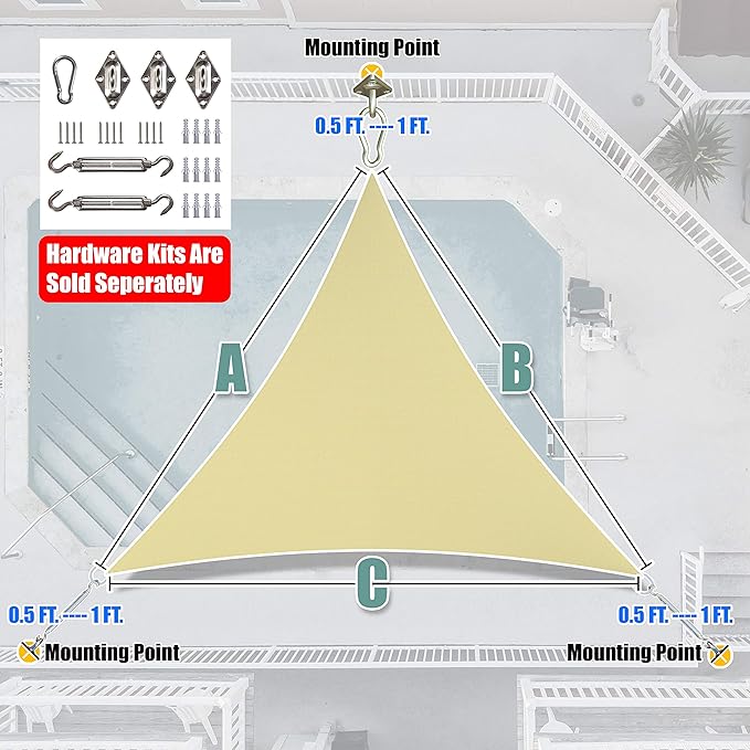 Amgo Custom Size 19' x 19' x 19' Beige Triangle Sun Shade Sail UPF50+ AGTAPRT12, Order to Make Canopy Awning, 95% UV Blockage, Water & Air Permeable, Commercial Standard (We Customize)