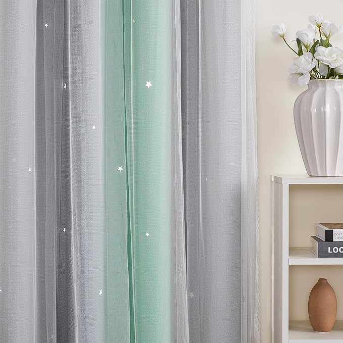 XiDi Curtains for Bedroom Decor, Rainbow Green LightgreyGrey52/90/1 - Image 3