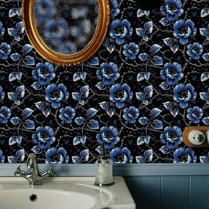 FLFK Black Wallpaper Peel and Stick Dark Blue Floral Wallpaper 16" x 64" - Image 3