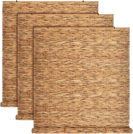 DoubleFill 3 Pcs Bamboo Shades Outdoor Reed Roll Up Blinds 48" W x 72" H by DoubleFill
