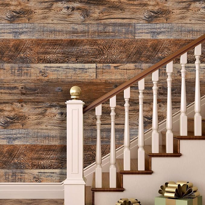 WENMER 17.71" x 118" Brown Wood Wallpaper Peel and Stick Shiplap Self Adhesive - Image 3