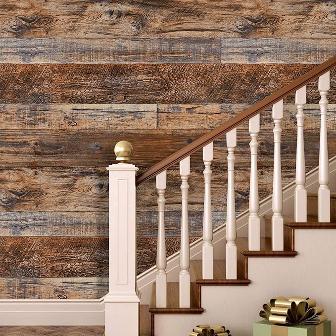 WENMER 23.6" x 197" Brown Wood Peel and Stick Wallpaper Shiplap Self Adhesive - Image 3