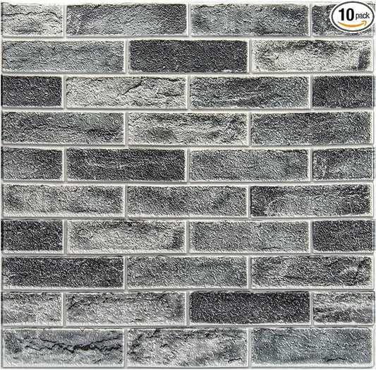 Art3d 10-Pack 52.5 Sq.Ft Faux Brick 3D Wall Panels Peel and Stick in Stone Ash by Art3d