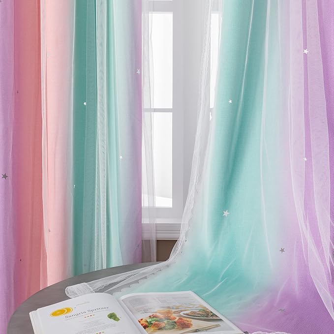 XiDi Curtains for Bedroom Decor, Rainbow PinkPuGreen-62-84 - Image 5