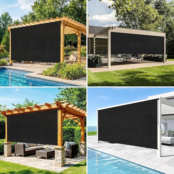8'W x 8'H Black Patio Shades Roll up Outdoor Roller Shade Crank Wand Blind - Image 5