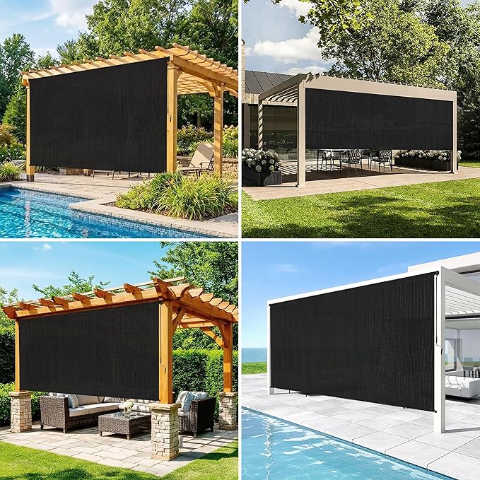 7'W x 6'H Black Patio Shades Roll up Outdoor Roller Shade Crank Wand Blind - Image 5