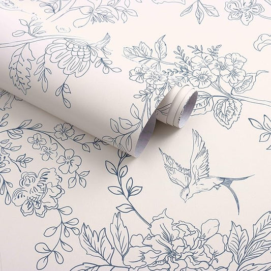 Froluya Cream White and Blue Floral Wallpaper Peel and Stick Wallpaper by Froluya
