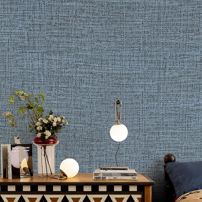 Blue Gray Grasscloth Peel and Stick Wallpaper 17.3"x300" Faux Linen Textured - Image 3