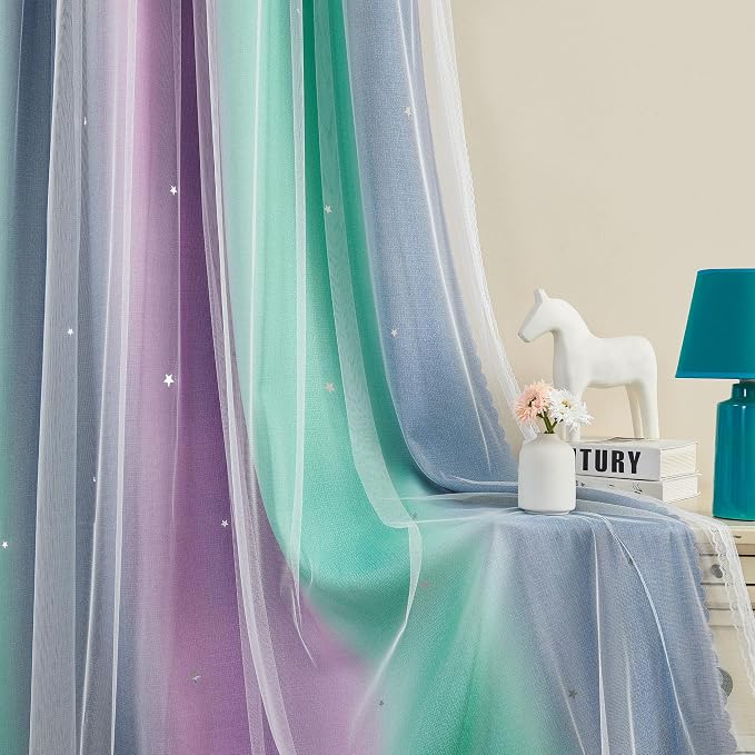 XiDi Curtains for Bedroom Decor, Rainbow Purplgreen grey52/96 - Image 4