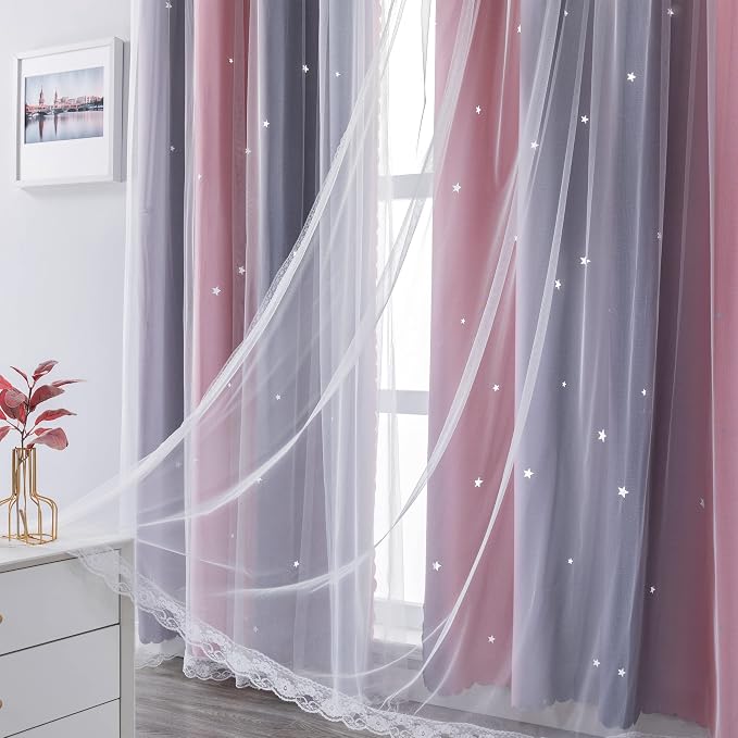 XiDi Curtains for Bedroom Decor, Rainbow Pink-Grey-34-45 - Image 4