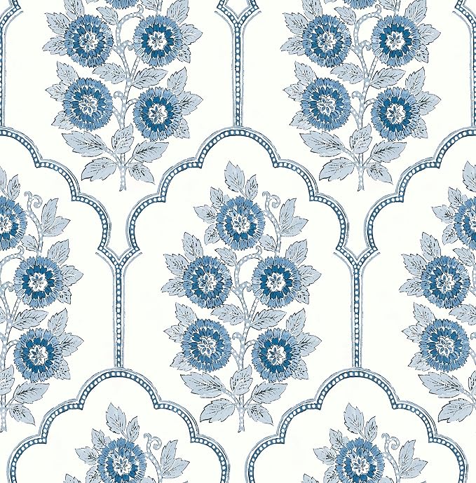 NuWallpaper x Society Social Floral Bazaar Delft Blue Peel and Stick Wallpaper by NuWallpaper