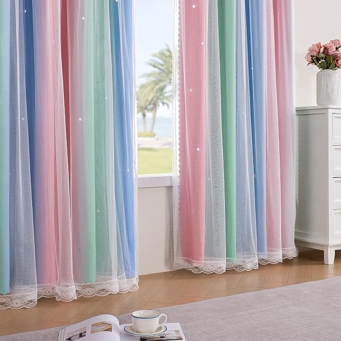 XiDi Curtains for Bedroom Decor, Rainbow Pink GreenBlue52/90/1 - Image 4