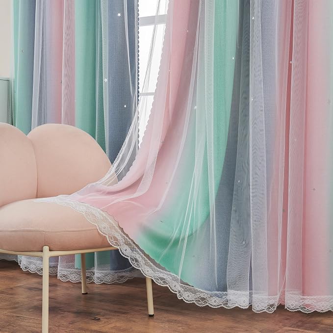 XiDi Curtains for Bedroom Decor, Rainbow Pinkgreen grey52/45 - Image 6